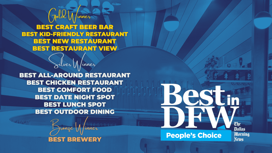 Best in DFW Awards for On Rotation in 2021, including Best Kid-Friendly Restaurant, Best Craft Beer Bar, and Best Brewery (Bronze).