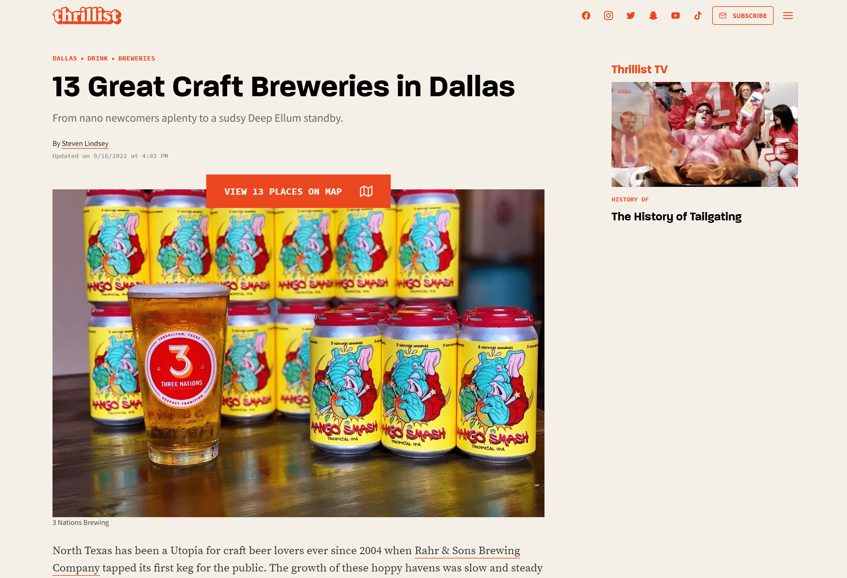 Absolute Best Breweries in Dallas in Thrillist Scre