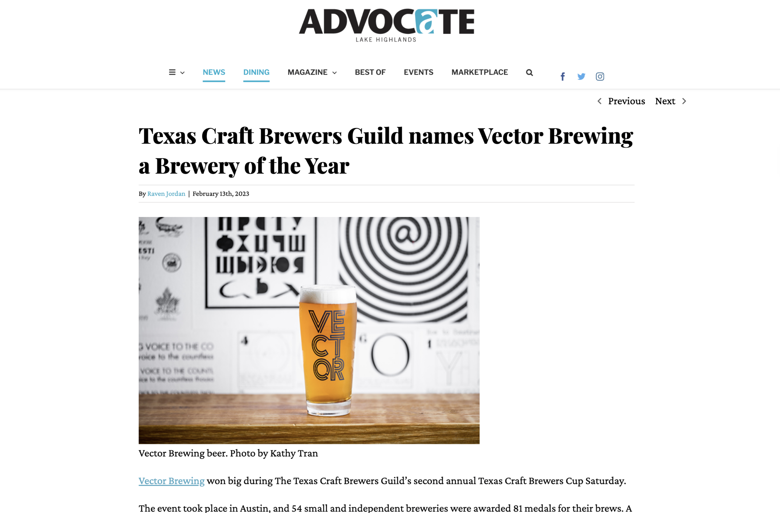 Texas Craft Brewers Guild names Vector Brewing a Brewery of the Year [Lake Highlands Advocate]