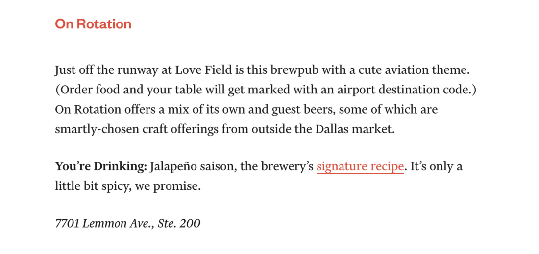 On Rotation entry in D Magazine's Guide to the Best Breweries in Dallas-Fort Worth